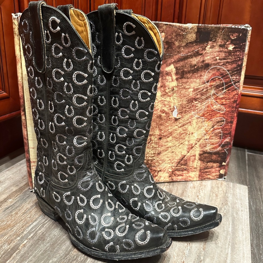 Old Gringo Horseshoe Cowboy Black Embroidered Western Rodeo Cowboy Boots RARE 7